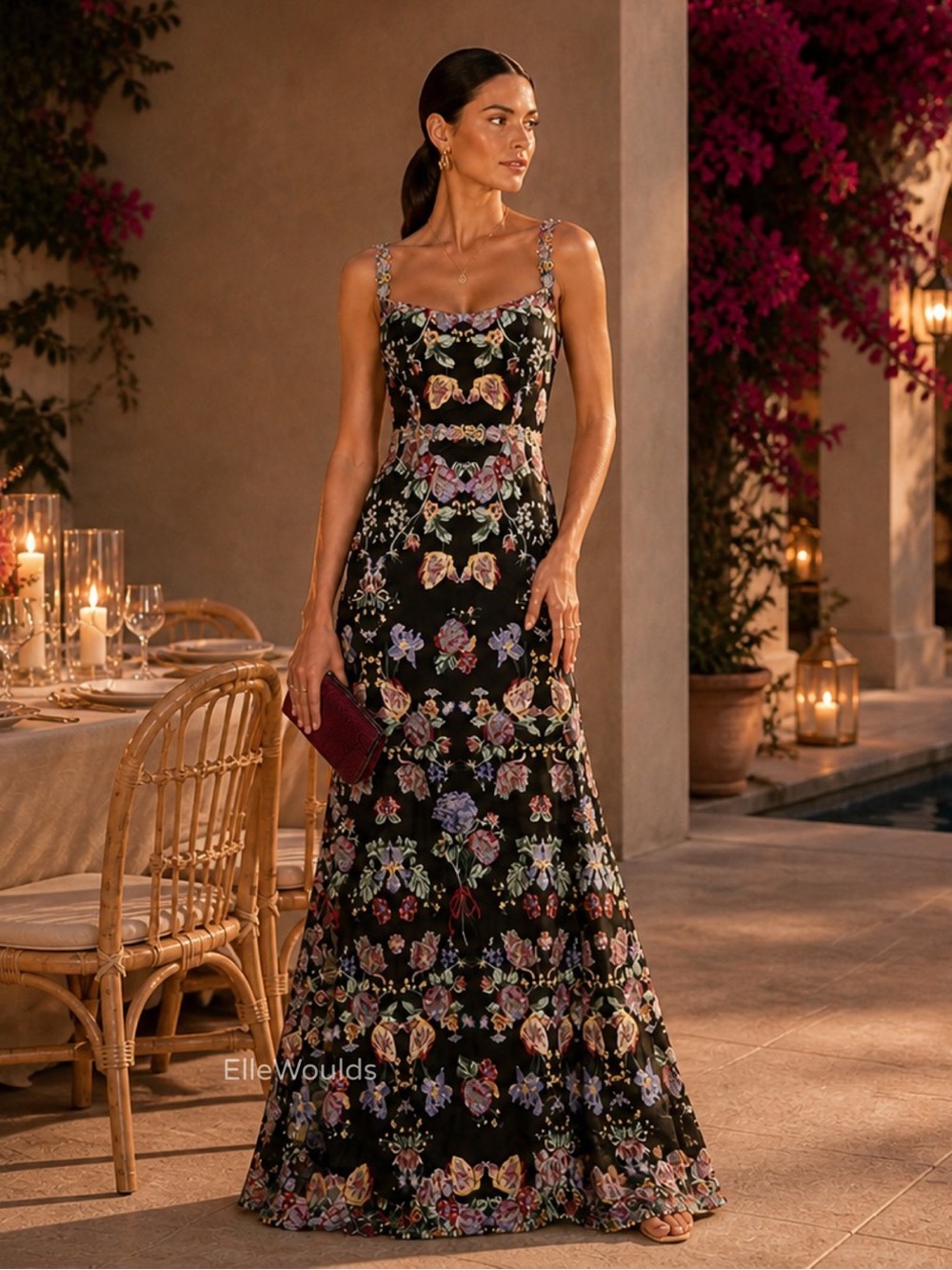 Marchesa Notte Floral Embroidered Gown Black Maxi US Size 8 $895 Retail